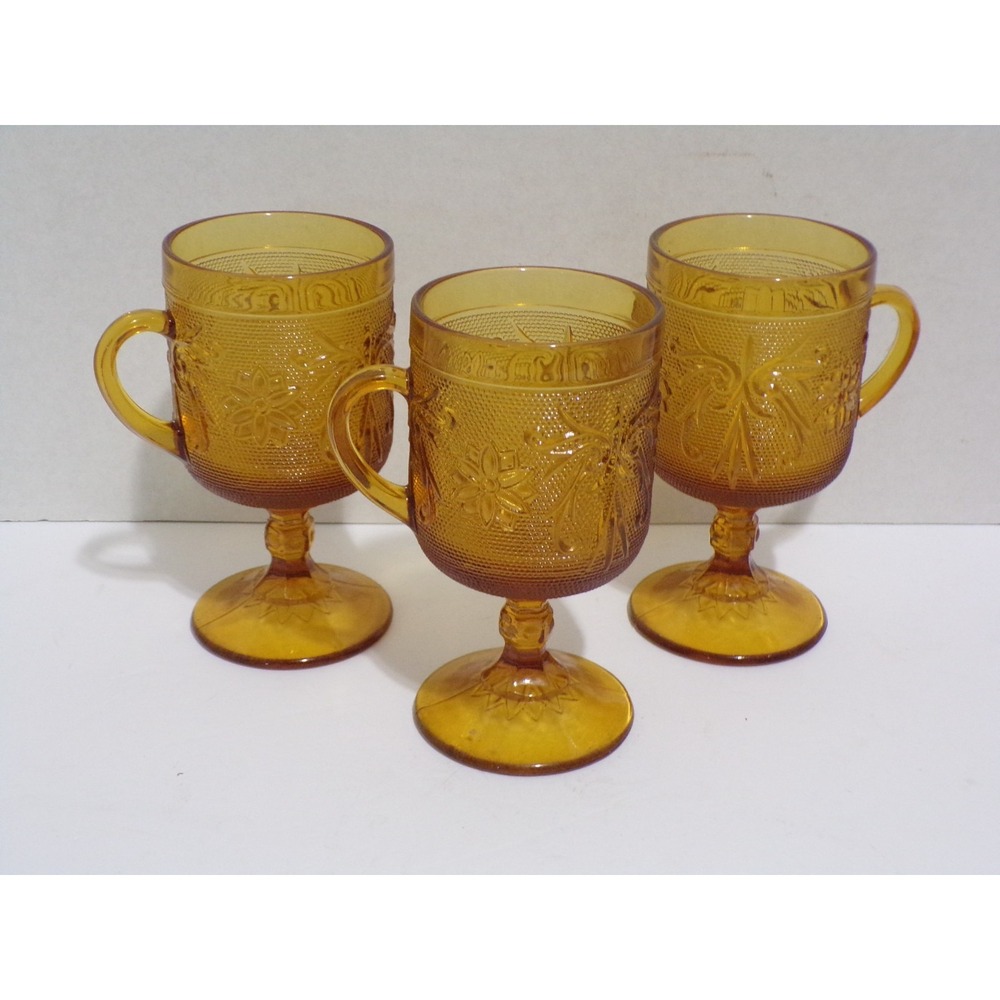 Indiana Glass Tiara Amber Sandwich Daisy & Vine Pattern Mugs Cups 6 oz Set of 3